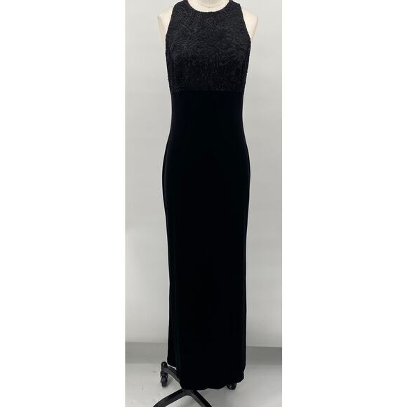 Vintage 90s Beaded Velvet Burnout Maxi Dress Gown High Neck Empire Waist Black 2 - Picture 2 of 9